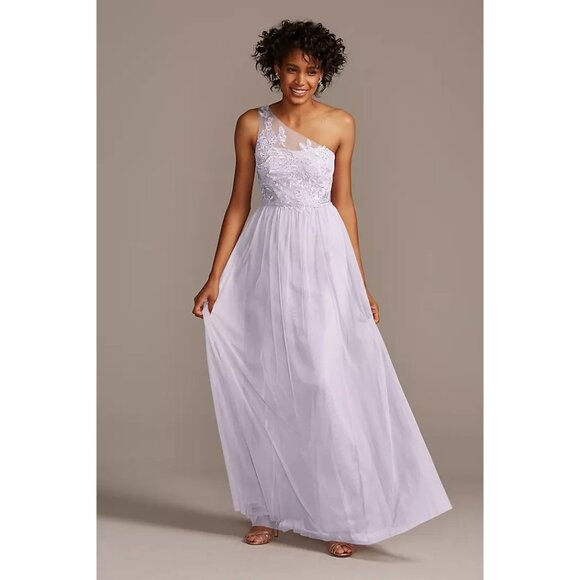 Davids Bridal Lavender One-Shoulder Embroidered Prom Bridesmaid Dress Gown - Picture 14 of 16